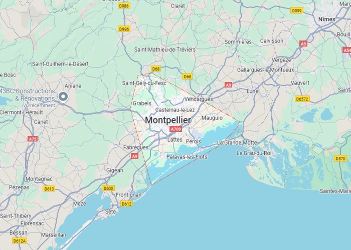 Carte Montpellier et environs : A9, Palavas, Sète